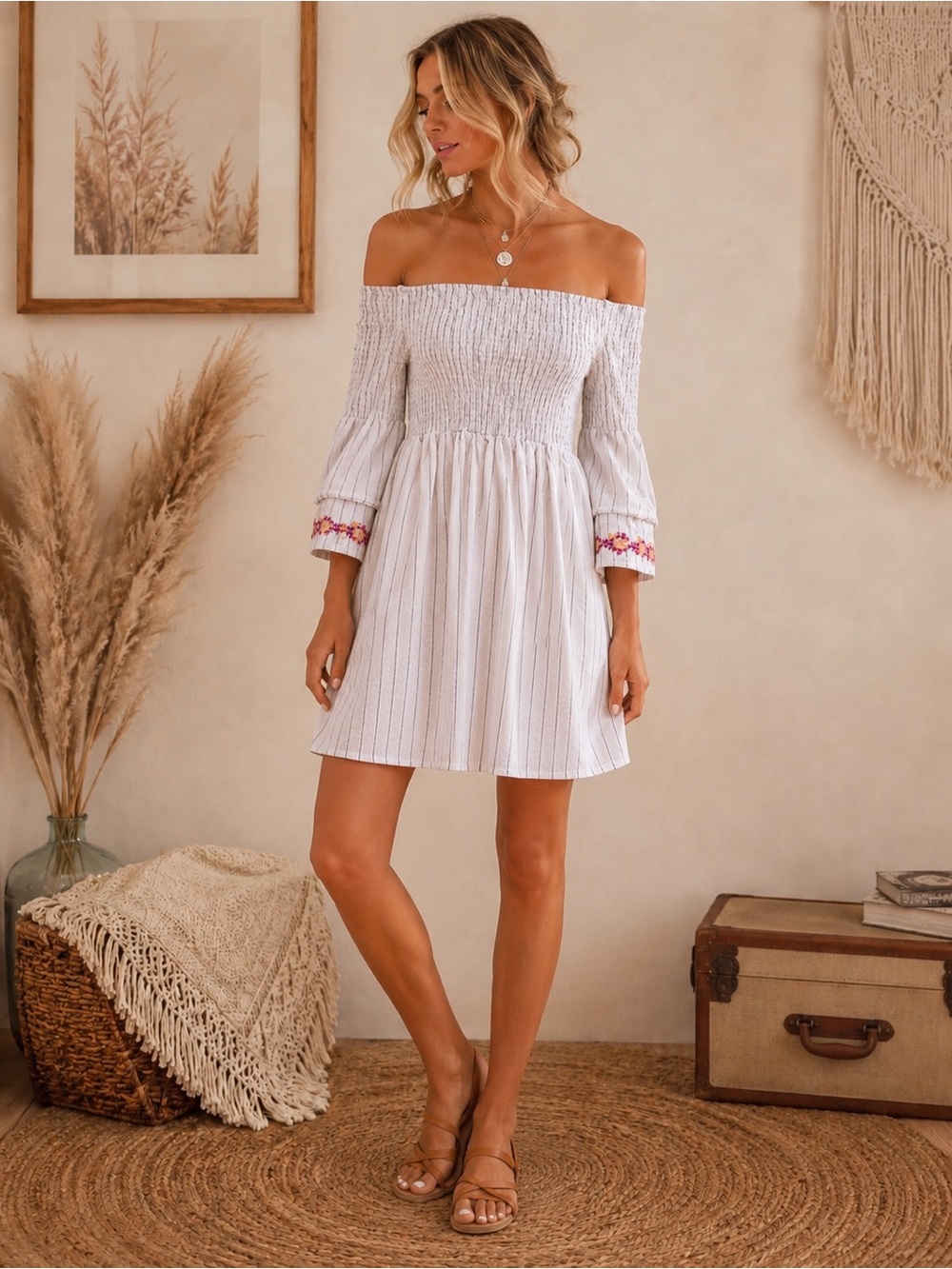Mystree White Striped Off-Shoulder Mini Dress